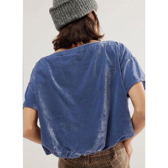FREE PEOPLE WE THE FREE Cloud 9 Slouchy Top in Blue Velvet Boho Academia Size M - Picture 2 of 15